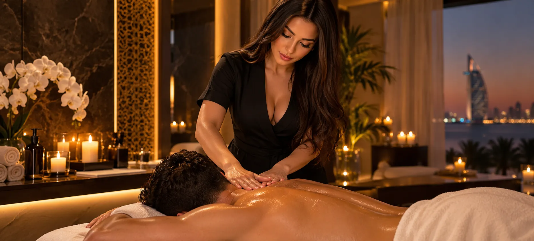 Massage therapist giving a back massage in a candle-lit private room at La Beauté Dans Spa, Dubai